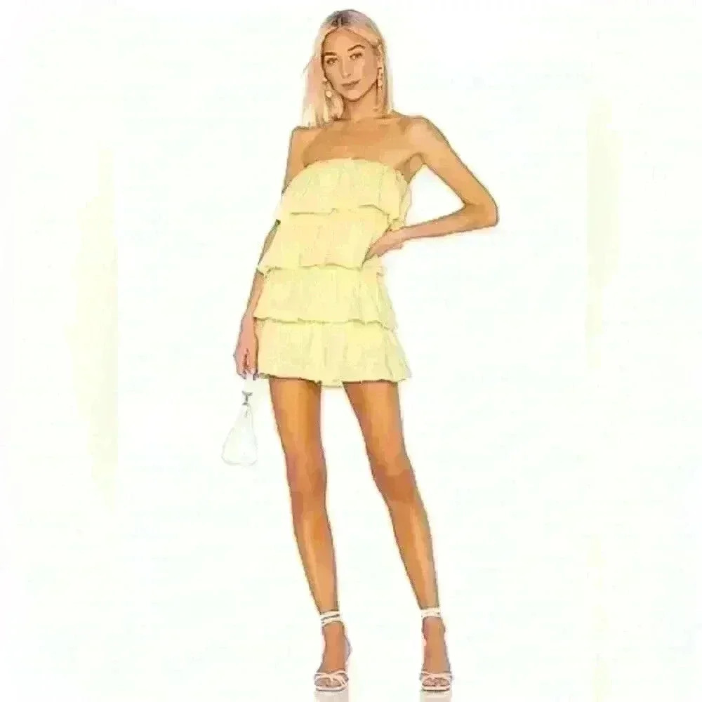 Tularosa Strapless Tiered Mini Dress in Pale Yellow
